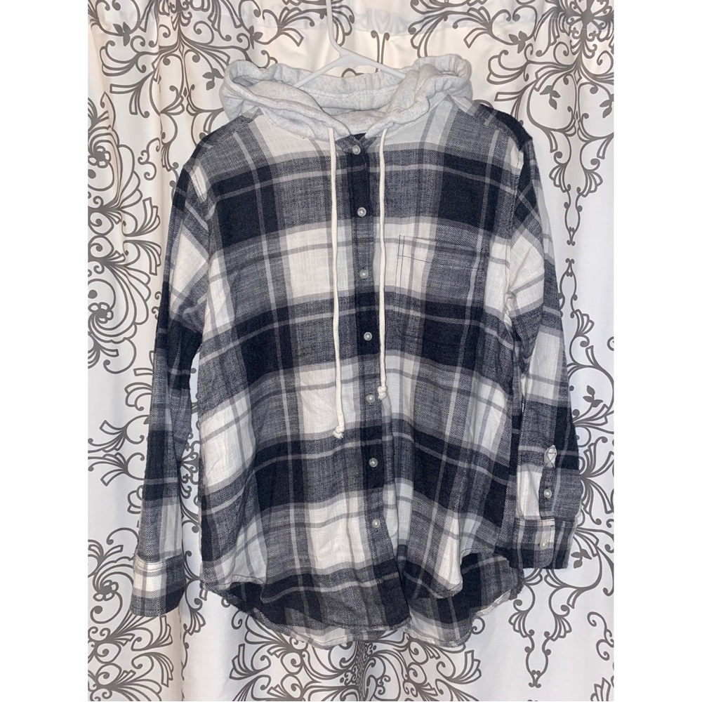 American Eagle black and gray hooded flannel shirt
